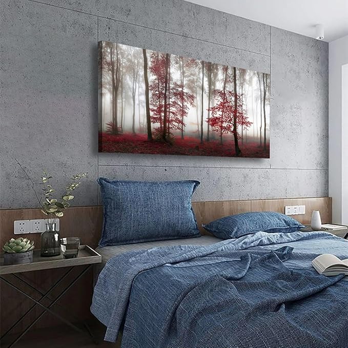 Misty Forest Pictures Canvas Wall Art for Living room Office Bedroom Wall Decor,Forest Wall Art Print Paintings Modern Nature Red Tree Artwork Waterproof Ready to Hang-28x57 inch