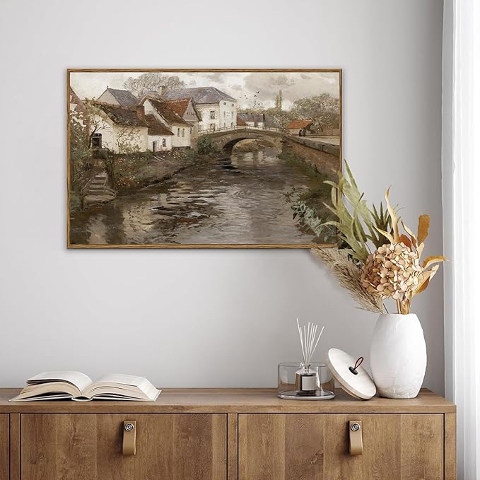 KBKBART Vintage Wall Art, Retro European Village Country Framed Canvas Art Prints Painting Farmhouse Decor, Rustic Impressionism Scenic Landscape Wall Decor for Bathroom, Bedroom Living Room, Vintage Wall Decor(16"x24")