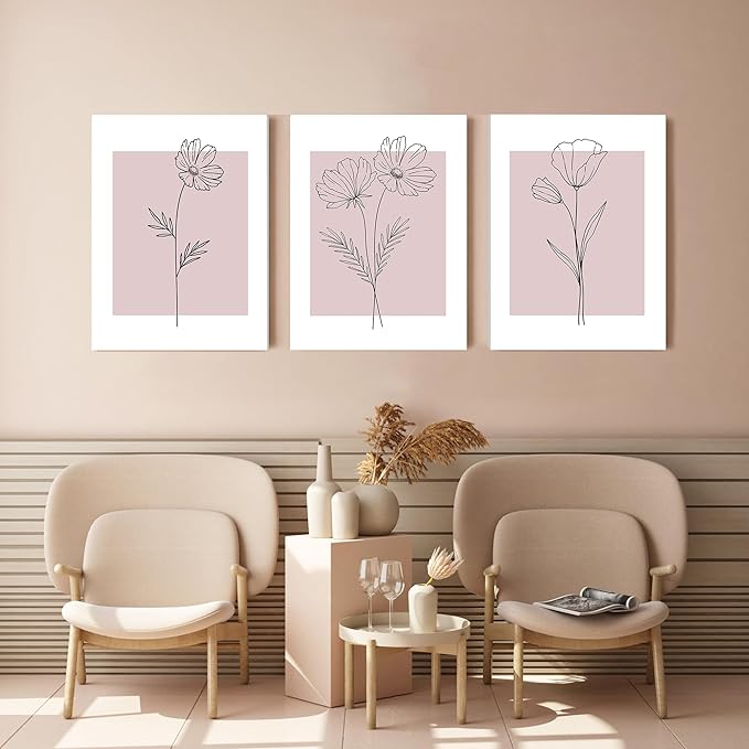 WRFON Pink Line Flower Canvas Wall Art, Light Pink Botanical Aesthetic Pictures, Minimalist Black Line Floral Poster Prints, Abstract Plants Wall Decor for Girls' Room Apartment Framed 12"x16"x3