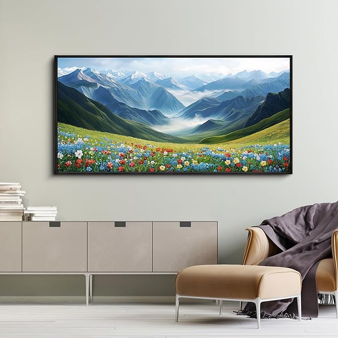 KLAKLA Mountain Wall Art - Large Landscape Living Room Wall Decor Rustic Wild Daisies Misty Forest Snowy Mountains Canvas Picture Framed Artwork for Walls - 48x24 Inches