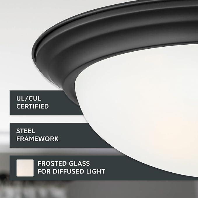 DESIGNERS FOUNTAIN Reedley 3-Lights Flush Mount Ceiling Light, 15 Inch Lighting Fixture for Kitchen, Bedroom, Bathroom, and Hallway, Matte Black with Etched Glass, 1257L-MB-W