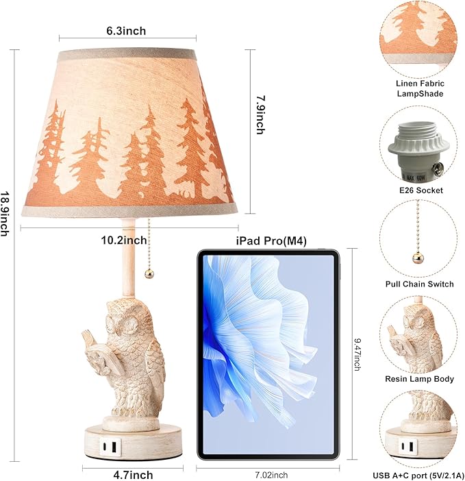 18.9" Farmhouse Lamps Set of 2,Owl White Rustic Table Lamps for Living Room with USB A+C Port,Vintage Resin Small Table Lamps,Pull Chain Table Lamp for Bedroom,Bedside,Nightstand,End Table