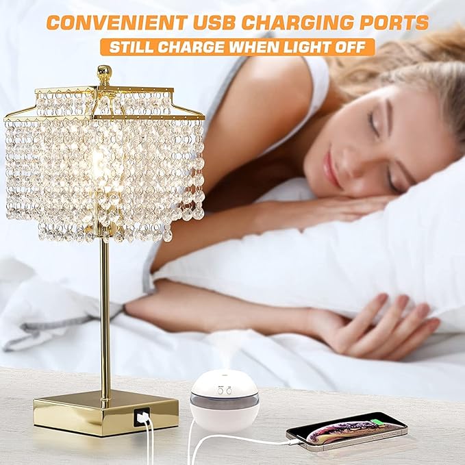 Luvkczc Crystal Touch Table Lamp, Bedside Lamps with with USB C+A Ports, Gold Bedroom Lamp, 3 Way Dimmable Lamp with Crystal Shade, Nightstand Lamps for Bedroom, Living Room, Bulb Included