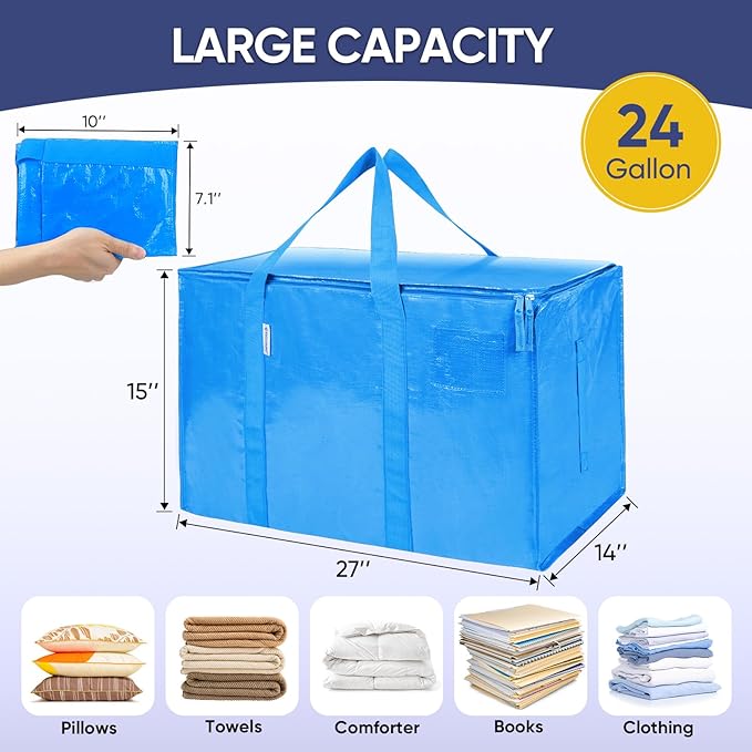 TICONN 6 Pack Extra Large Moving Bags with Zippers & Carrying Handles, Heavy-Duty Storage Tote Moving Boxes for Space Saving (6 Pack, Sky Blue)