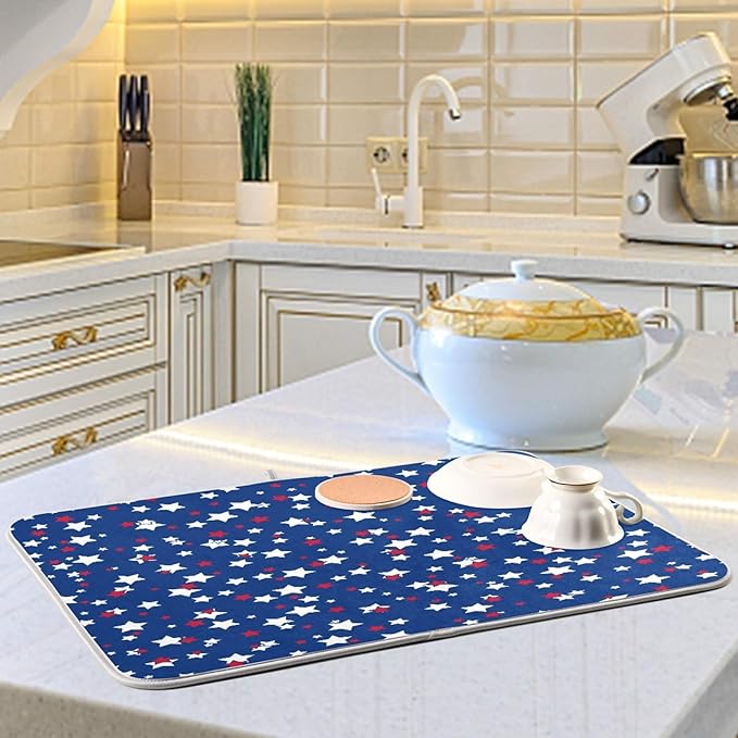 USA Patriotic Stars Memorial Dish Drying Mat 16 X 18 Inch Red Blue White Independence Day Dry Dishes Pads Tableware Mats Protector for Kitchen Countertops Counter Home Decorations
