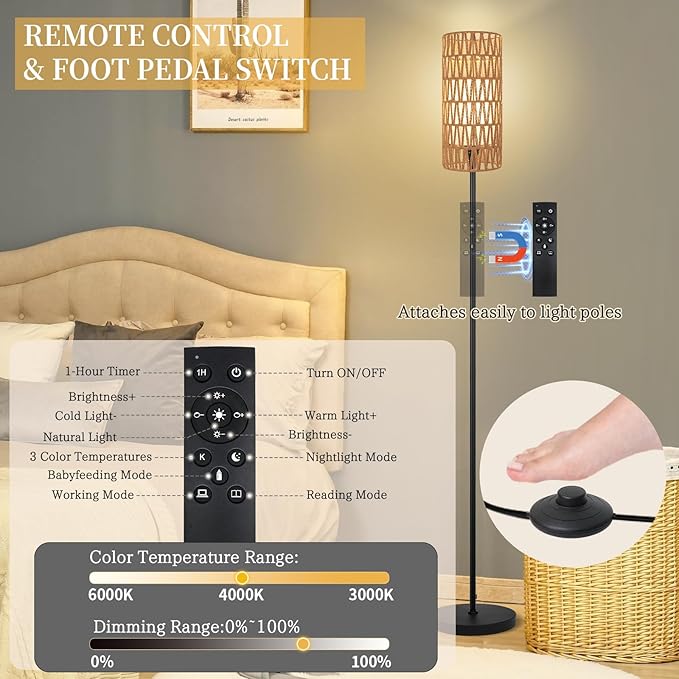 Floor Lamp for Living Room,Farmhouse Rattan Floor lamp,Modern Standing lamp with Dimmer LED Bulb,Black Tall Lamp with Remote Control