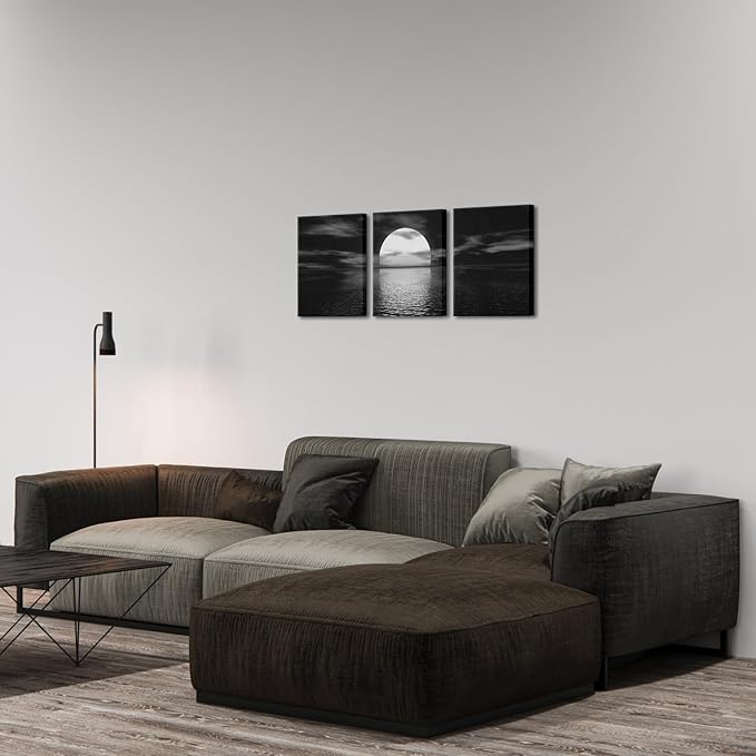 SkenoArt 3 Piece Black and White Bathroom Canvas Wall Decor Ocean Under Moonlight Painting Print Full Moon Seascape Picture Artwork for Home Bedroom Living Room Wall Decor Easy to Hang 12"x16"x3 PCS