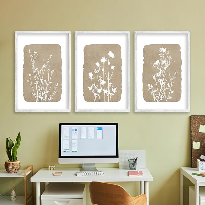 Wildflower Floral Botanical Wall Art Decor 24x16 Inch 3 Piece Boho Plant Wooden Framed Sign Rustic Farmhouse Home Office Relax Illustrations Neutra Minimalist Living Room Wall Hanging (White)