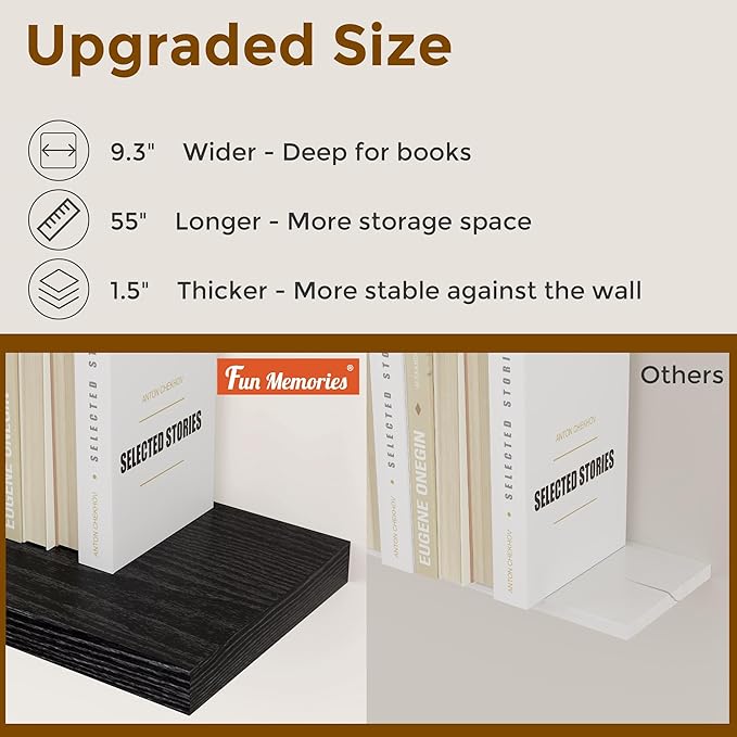 55 Inch Floating Shelves Black, Rustic Wood Floating Shelf Wall Mounted, 9.3 Inch Deep Floating Shelf for Kitchen, Bedroom, 55 x 9.3 Wall Shelves for Home Storage, Set of 1