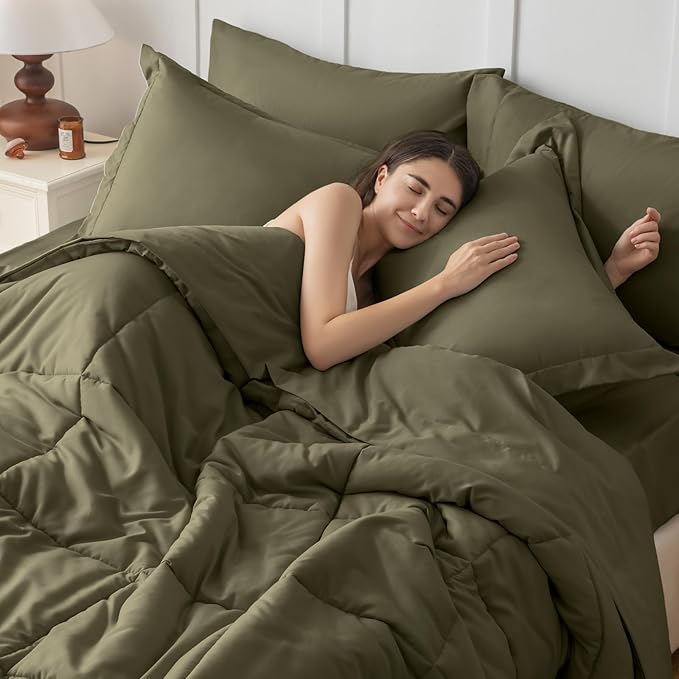 JOLLYVOGUE California King Comforter Set, Ultra-Soft Bed in a Bag Cal King Size 7 Pieces, Oeko-TEX Certified Bedding Set with Down Alternative Comforter, Sheets, Pillowcases & Shams, Olive Green