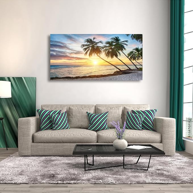 Beach Pictures Canvas Wall Art for Living room Bedroom Wall Decor,Palm Wall Art Print Paitnings for home Decor,Morden Artwork Sunset Coconut Tree Canvas Art Waterproof Stretched Ready to