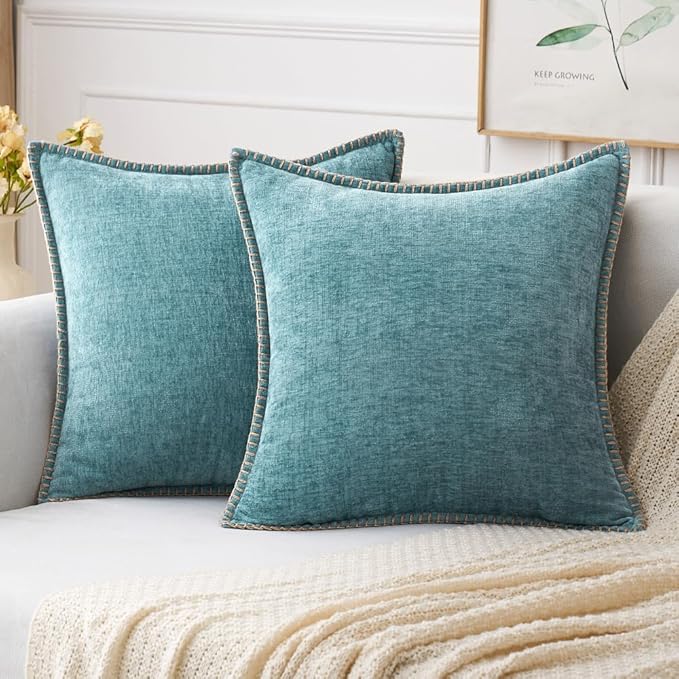 MIULEE Pack of 2 Couch Throw Pillow Covers 16x16 Inch Smoke Blue Farmhouse Decorative Pillow Covers with Stitched Edge Soft Chenille Solid Dyed Spring Pillow Covers for Sofa Bed Living Room