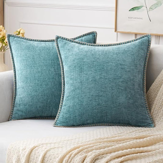 MIULEE Pack of 2 Couch Throw Pillow Covers 16x16 Inch Smoke Blue Farmhouse Decorative Pillow Covers with Stitched Edge Soft Chenille Solid Dyed Spring Pillow Covers for Sofa Bed Living Room