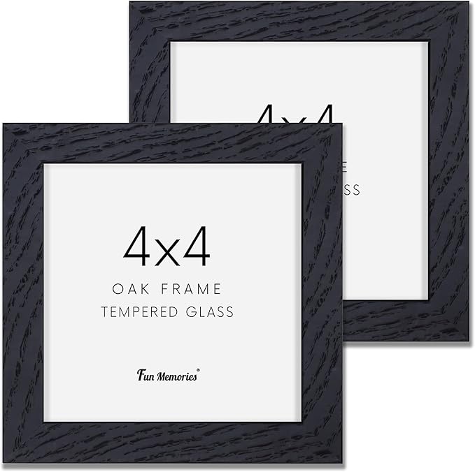 4x4 Picture Frame, Solid White Oak Wood Frame 4 by 4, 4 x 4 Square Photo Frame with Tempered Real Glass, Rustic Wooden Frame 4"x4" for Wall & Tabletop Display, Black Color, Set of 2