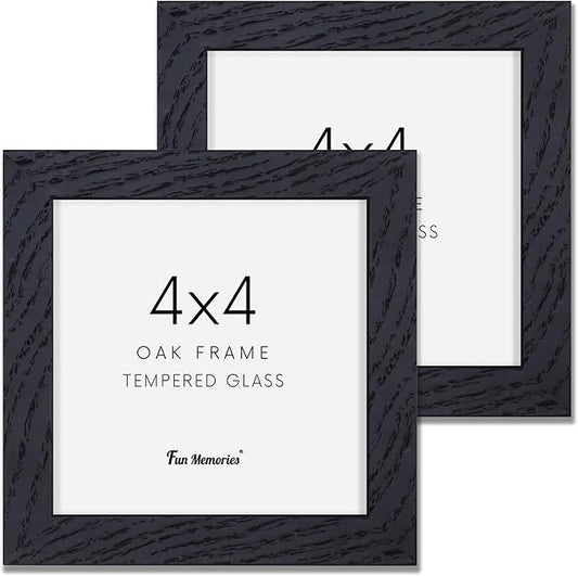 4x4 Picture Frame, Solid White Oak Wood Frame 4 by 4, 4 x 4 Square Photo Frame with Tempered Real Glass, Rustic Wooden Frame 4"x4" for Wall & Tabletop Display, Black Color, Set of 2