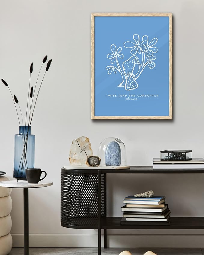 EcoHest Large 16x20in OAK Wood Framed Wall Art, John 14:16 I Will Send The Comforter Bible Verse Christian Canvas Wall Decor, Blue Jesus Prints for Bedroom Living Bathroom Religious Gift 1 Pack