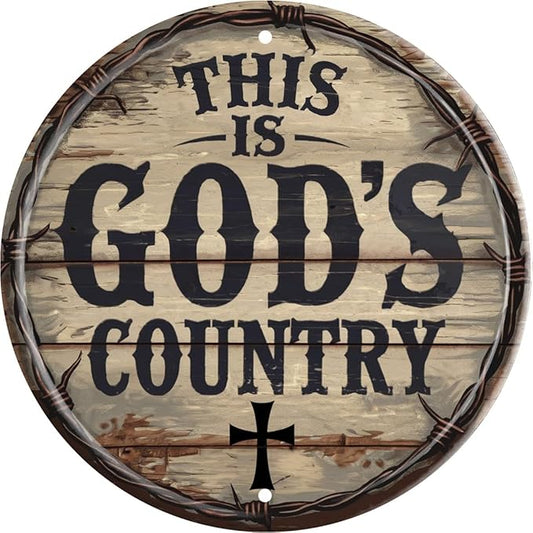 God's Country Welcome Sign for Front Door Round Metal Door Sign 8x8 Inch Home Art Office Coffee Shop or Bedroom Decor Gift Creativity