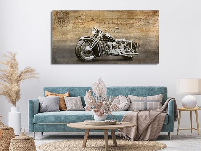 arteWOODS Vintage Motorcycle Canvas Wall Art - Historic Route 66 Retro Vehicle Pictures for Men Boys Bedroom Wall Decor Modern Motorcross Canvas Print Artwork Home Office Wall Decoration 29" x 58"