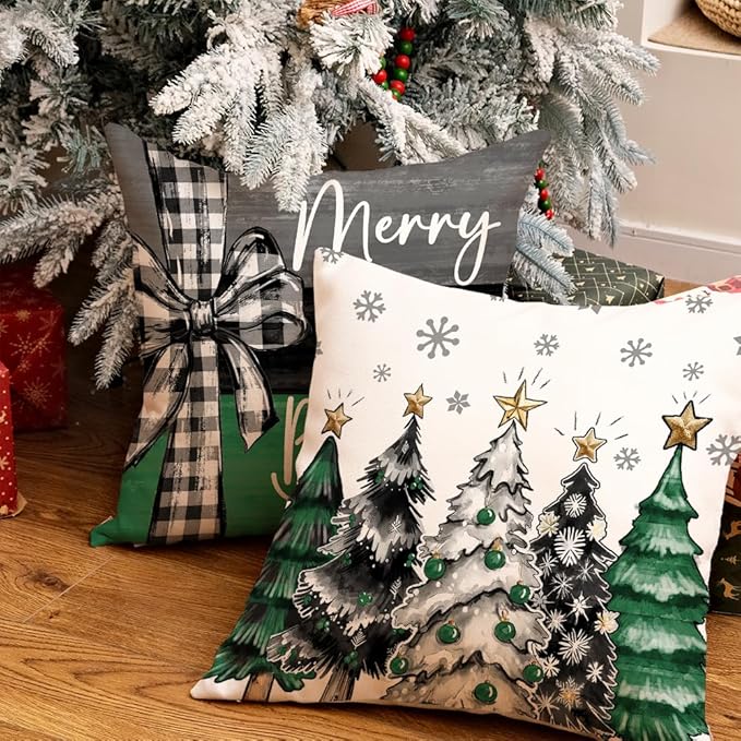 GEEORY Christmas Throw Pillow Covers 20 x 20 Inch Set of 4, Xmas Trees Merry and Bright Happy Holidays Farmhouse Decorative Cushion Cases for Home Decoration G584-20