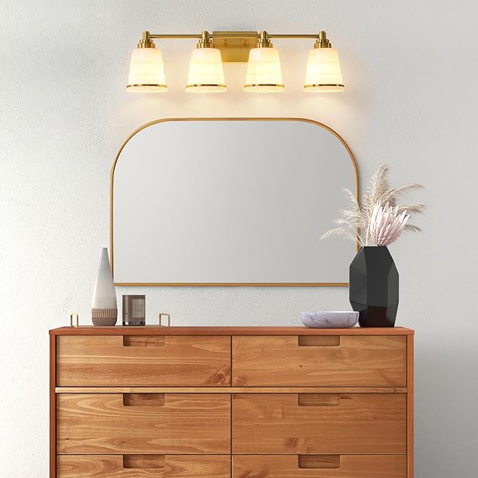 Gold Bathroom Vanity Light Fixture, 4 Light Bathroom Light Fixtures Over Mirror with Milky White Glass and Metal Base Wall Sconce, 29.1 inch Modern Vanity Light for Bathroom(Exclude E26 Bulb)