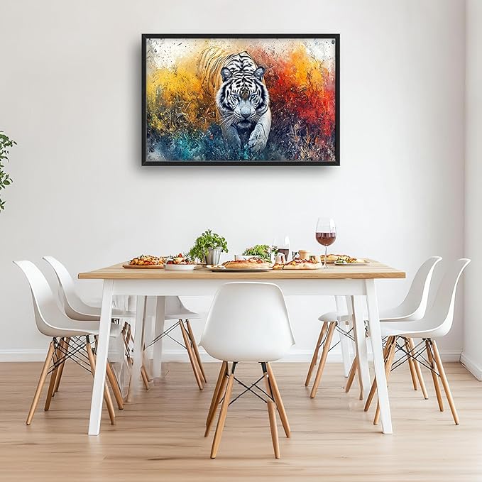 Extra Large Framed Abstract White Tiger Wall Art,Oversized Colorful Cool Tiger Wall Decor,Wild Animal Pictures for Living Room,Canvas Print Painting Modern Artwork Bedroom Office Bathroom 36L x24W
