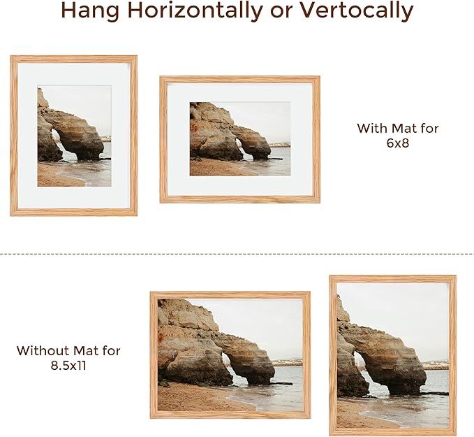 8.5x11 Picture Frame Set of 3, Solid Oak Wood & Tempered Glass, 8.5 x 11 Frame for Wall, Rustic Wood 8.5 by 11 Frames, 8.5x11 Frame with Mat for 6x8, Natural Oak Color