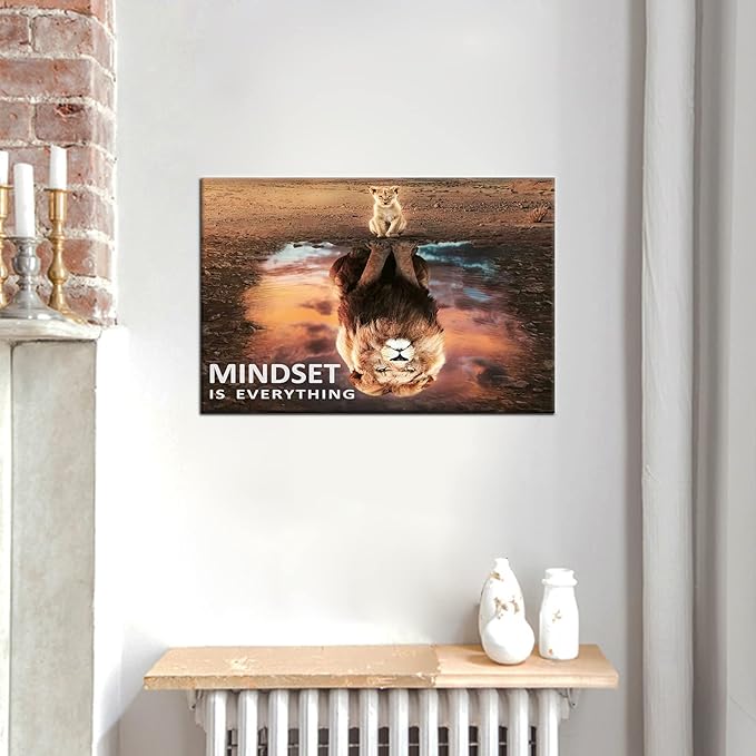 Motivational Canvas Wall Art Mindset is Everything Inspirational Entrepreneur Quotes Posters Print Artwork Small Lion Big Lion Painting Picture for Home Office Framed Ready to Hang [18''W x 12''H]