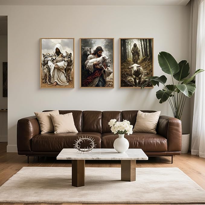 KAIRNE Jesus Christian Wall Art Set of 3, Religious Canvas Prints with Lamb & Wolf, Vintage Bible Verse Decor, The Good Shepherd Artwork for Living Room, Bedoom - 24x36 Inches