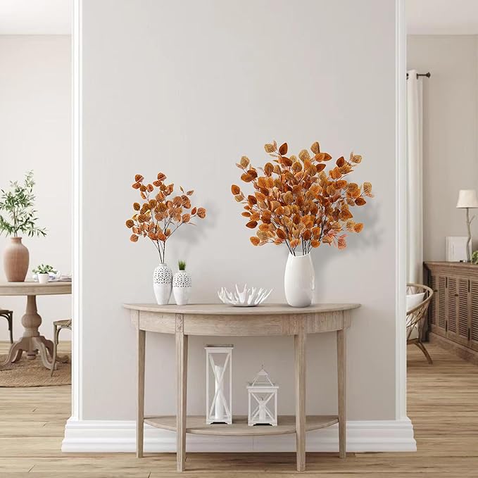 Sggvecsy 6 Pcs Fall Eucalyptus Leaves Artificial Eucalyptus Stems Long Silver Dollar Leaves Autumn Leaf Branches Fake Silk Eucalyptus for Indoor Home Autumn Thanksgiving Decor (Mixed Fall Color)