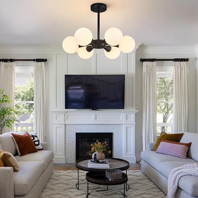 Modern Ceiling Light with Milk White Glass lampshade Black Semi Flush Mount Ceiling Light Fixture Sputnik Chandelier for Bedroom Living Room Dining Room Foyer Hallway(6-Lights)