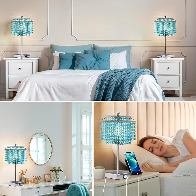 Luvkczc Crystal Table Lamp with Touch Control, Bedside Crystal Table Lamp with USB C+A Ports, 3-Way Dimmable Lamp with Crystal Shade for Girls Bedroom, Living Room, Light Blue & B11 LED Bulb Included