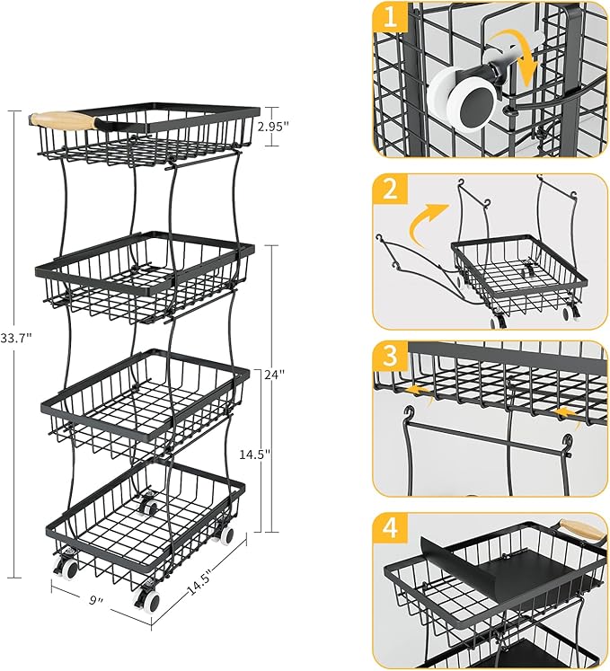 Fruit Vegetable Storage Basket for Kitchen - 4 Tier Slim Stackable Metal Wire Basket Cart with Rolling Wheels Utility Rack Onions Potatoes Organizer Bins for Kitchen Pantry Black
