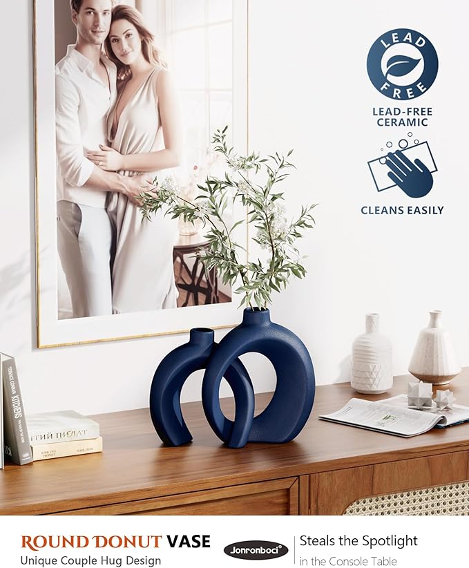 Blue Vase Set of 2 - Donut Navy Vases Home Decor, Modern Coastal Decor - Decorative Vase, Ceramic Decorations for Living Room Coffee Table Bookshelf Shelf Console Mantle (Matte Navy Blue)