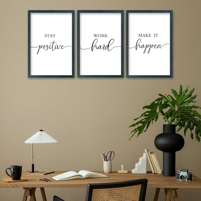 SRSZHIYUE Office Motivational Decor 16"×11" Set of 3 Stay Positive Work Hard Make It Happen Inspirational Quotes Wooden Framed Wall Hanging Art (Black)
