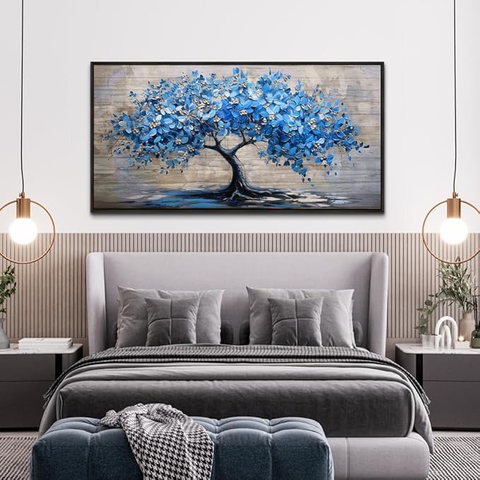 ERQINHUA Large Canvas Wall Decor For Living Room Farmhouse Wall Art For Bedroom Black Framed Mural Abstract Paintings Blue Tree Wall Pictures Artwork Office Decoration Dormitory Home Decor 30x60 In