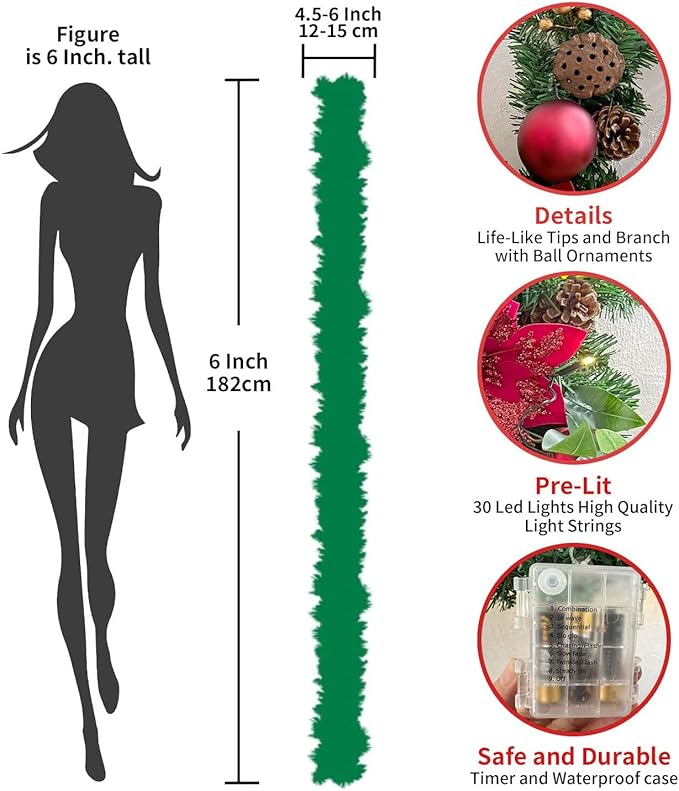 WANNA-CUL Pre-lit 6 Feet Christmas Garland with Lights for Front Door, Red Gold Ligthed Christmas Mantel Garland Decoration with Ball Ornaments,Dry Lotus, Battery Operated 30 LED