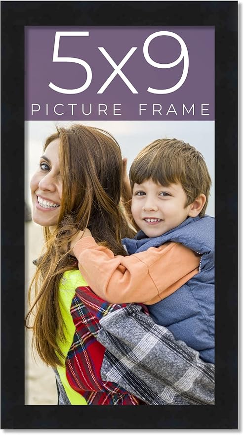 5x9 in Frame Black Real Wood Picture Frame Width 0.75 Inches | Interior Frame Depth 0.5 Inches | Noir Classique Mid Century Photo Frame Complete with UV Acrylic, Foam Board Backing & Hanging Hardware