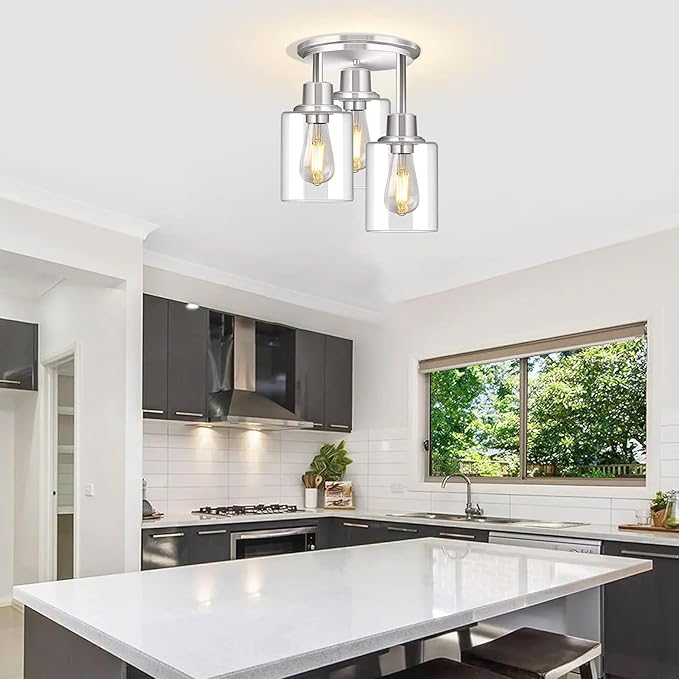 ROTTOGOON Semi Flush Mount Ceiling Light, 3 Light Close to Ceiling Light Fixtures, Brushed Nickel Finish Kitchen Light Fixtures with Clear Glass Shades, Modern Hallway Lights Fixtures Ceiling Mount