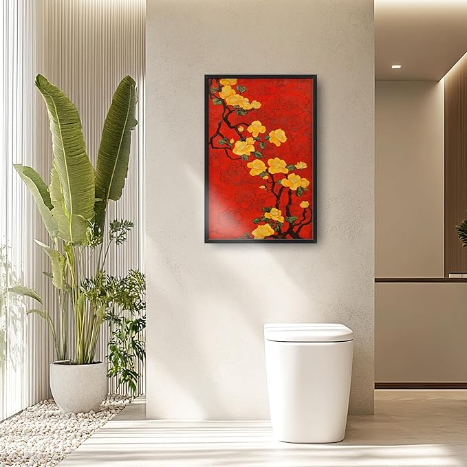 Lovira Yellow Plum Bossom Large Wall Art Traditional Asian Floral Red Canvas Wall Decor Pictures Prints Painting Framed Home Vertical Artwork for Living Room Bedroom Bathroom Kitchen 24"x36"
