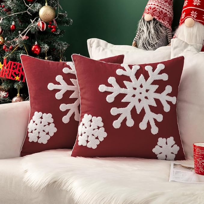 MIULEE Pack of 2 Christmas Decorative Snowflake Throw Pillow Covers Canvas Embroidery Winter Cushion Cases Holiday Decor Soft Pillowcases for Winter Couch Sofa Bedroom Car（Burgundy, 20x20in）
