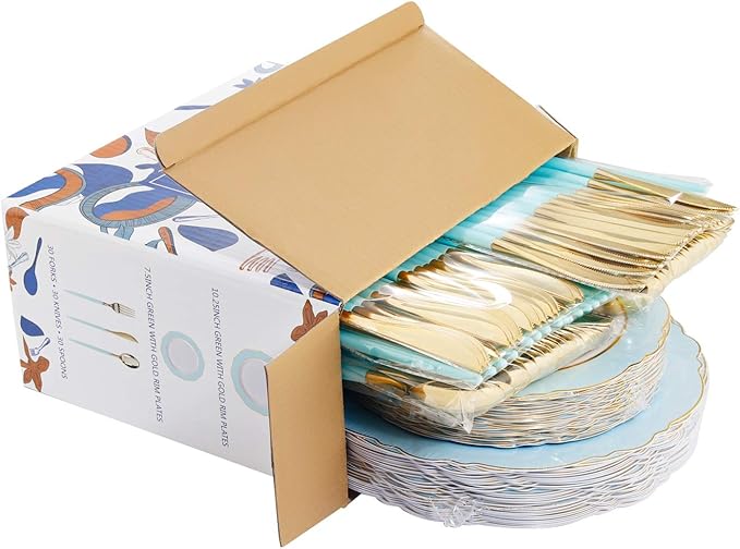 WDF 30Guest Mint Green Plastic Plates & Disposable Gold Silverware With Green Handle-Baroque Green &Gold Plastic Dinnerware for Upscale Party/Picnic/Birthday