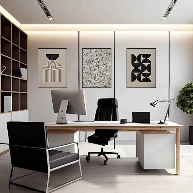 ARTFEB Abstract Framed Boho Black and White Wall Art for Living Room, 3 Piece Black Beige Large Canvas Paintings Prints Artwork, Modern Geometric Pictures for Bedroom Home Office Wall Decor -24"x32"x3