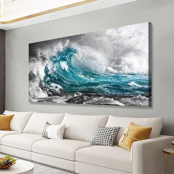 Sea Wave Pictures Canvas Wall Art For Living Room Bedroom Wall Decor,Surge Wall Art Print Paitnings for Home Decor,Morden Artwork Sea Seascape Canvas Art Waterproof Ready to Hang-24x48Inches