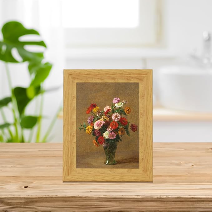 Brivoria Framed Canvas Wall Art Vintage Decor, Classical Autumn Floral Still Life with Colorful Zinnias in Green Vase and Warm Rustic Tones for Kitchen Entryway Bookshelf or Tabletop Fall Display,8x10