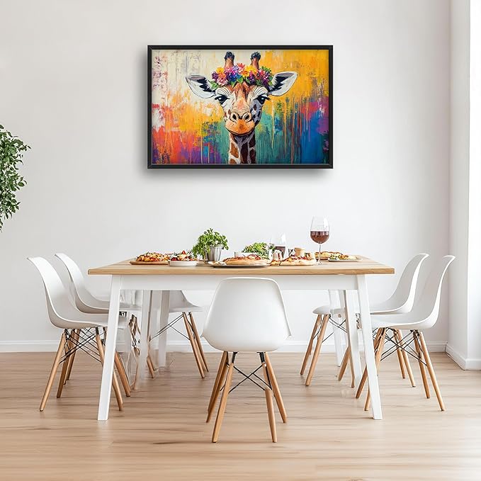 Framed Large Wall Art for Living Room, Banksy Deer Canvas Wall Decor, Large Giraffe Picture Framed Painting, Modern Artwork for Bedroom Office 36L'' × 24W''