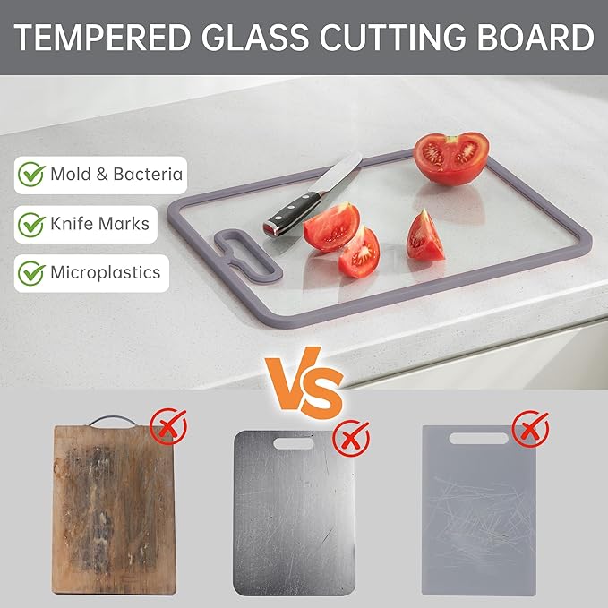 Glass Cutting Board for Kitchen, 2Pcs Tempered Glass Chopping Board with Non-Slip Edges, Dishwasher Safe Clear Cutting Board Set for Countertop, Heat & Shatter Resistant, Gray 15"×11"