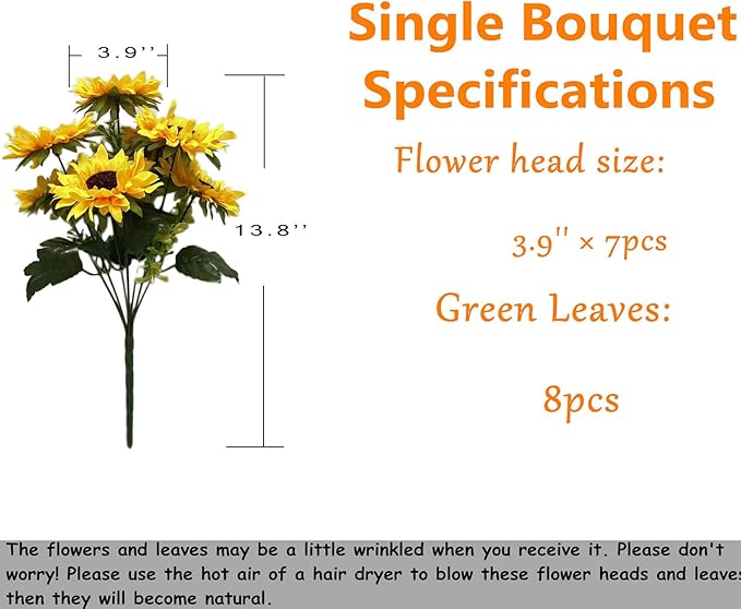 4 Bunches Artificial Flowers Sunflower Bouquets with Stems Silk Sunflowers Fake Yellow Flowers for Wedding Decor, DIY Garden Craft Art Decor, Party Decor, Home Decoration, Bride Holding Flowers