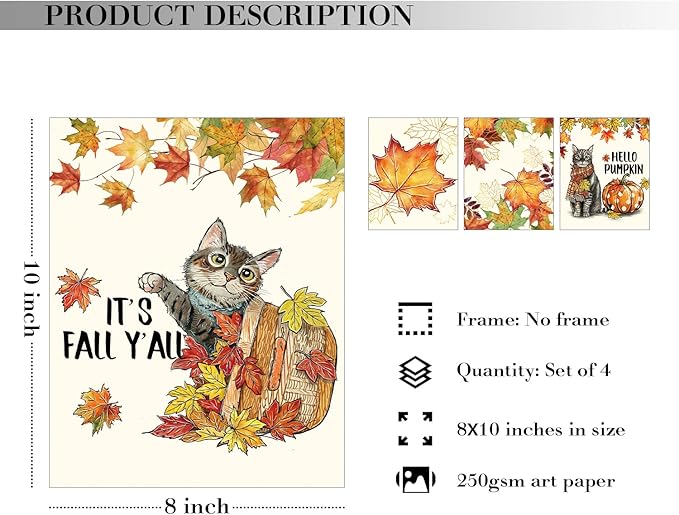 JXREQ Fall Decor Cat Decor Pumpkin Wall Art Prints, Cute Cat Maple Leaves Happy Fall Yall Posters, Rustic Fall Art Prints for Harvest Thanksgiving Kitchen Bedroom Living Room, 8x10 Inch 4Pcs Unframed