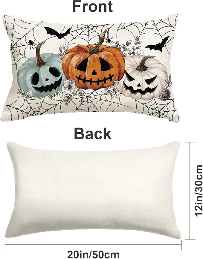 Baccessor Halloween Pillow Cover 12x20 Inch, Pumpkins Bats Spider Web Lumbar Pillow Case Halloween Decor for Cushion Sofa Couch Indoor Outdoor Decoration 1 Piece