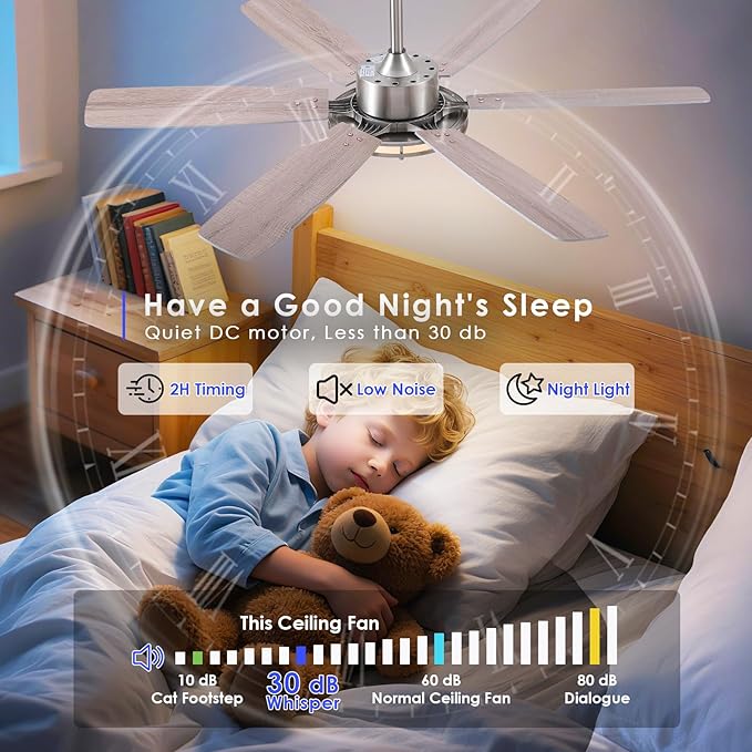 Ceiling Fans with Lights and Remote/APP Control, 52 Inch Flush Mount Ceiling Fan,11in 30W LED Ceiling Light, 3CCT, Quiet DC Motor Ceiling Fans for bedroom,Kitchen Brushed Nickel